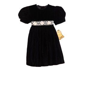 Vintage Size 3T Black Velvet Girls Dress With Puff Sleeves & Ivory Floral Lace